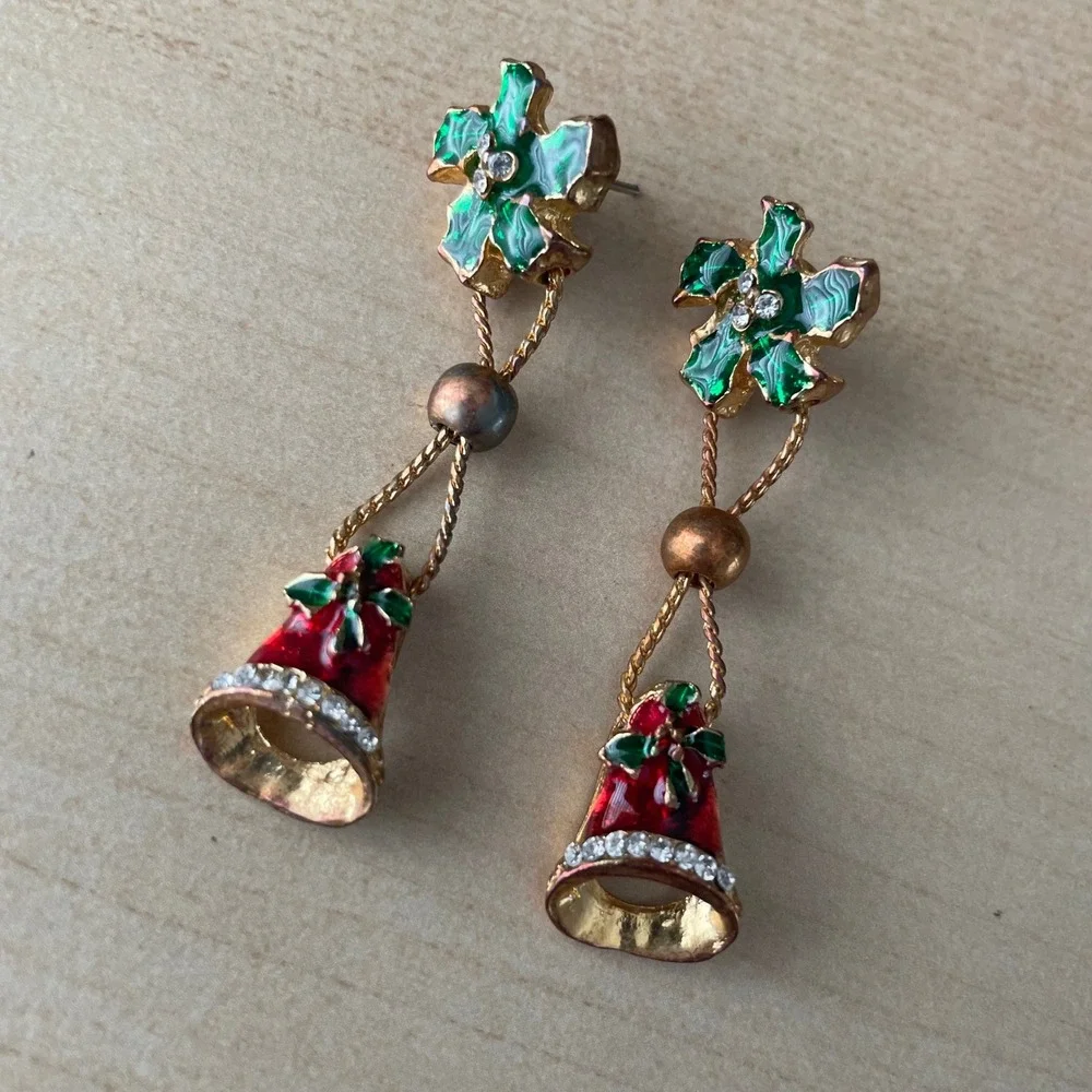 Vtg Christmas Enamel Rhinestone Mistletoe Holly Bell Dangle Drop Earrings Golden